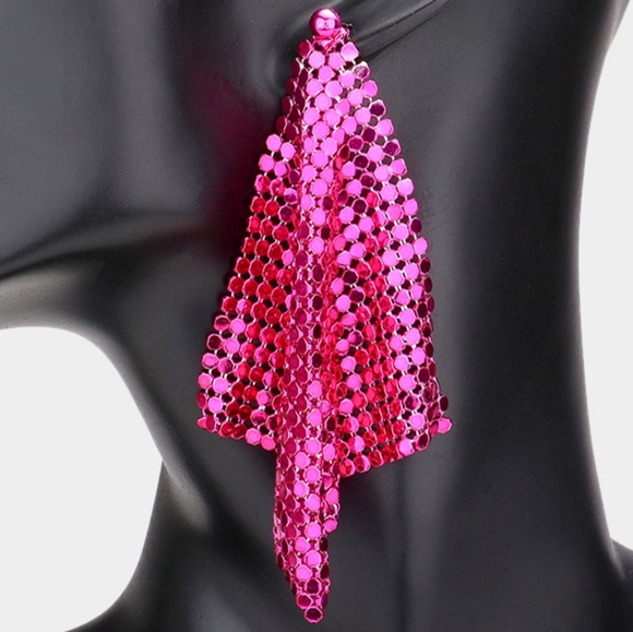 Fuchsia Mesh Chain Dangle Earrings Drop Metal Cute Beautiful Statement Accessory - Picture 2 of 8